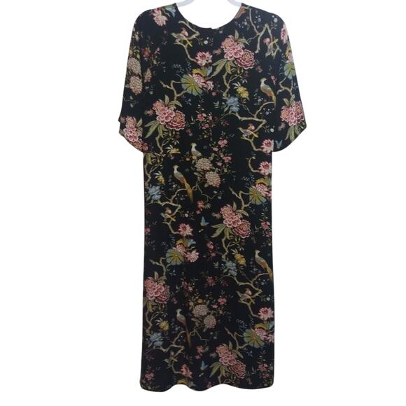 GP&J Baker x H&M Midi Shift Bohemian Dress Black Floral Birds Casual Size L - Picture 1 of 10